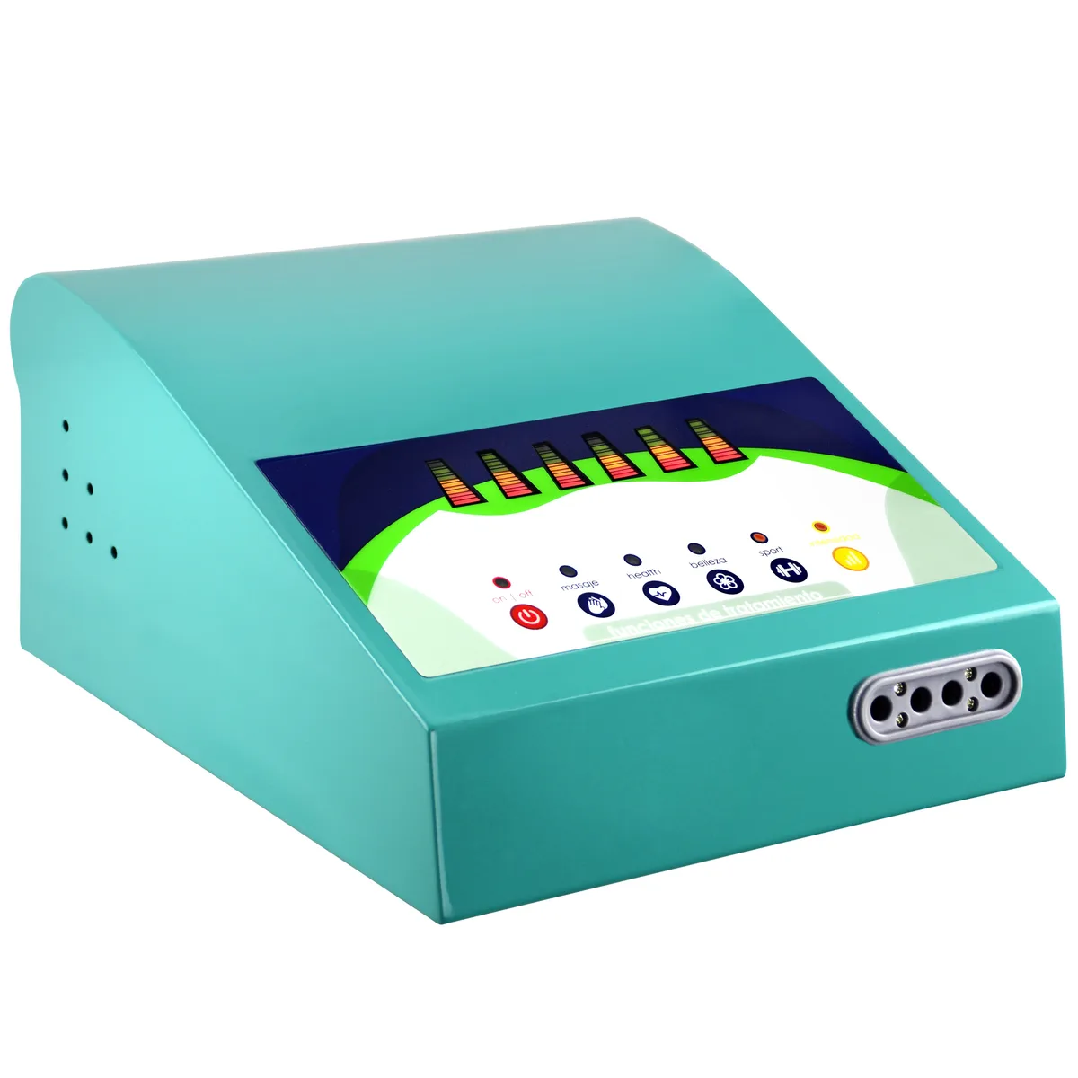 El aparato de control de Presso Life Plus, de color turquesa, con su panel de funciones y las seis barras de nivel